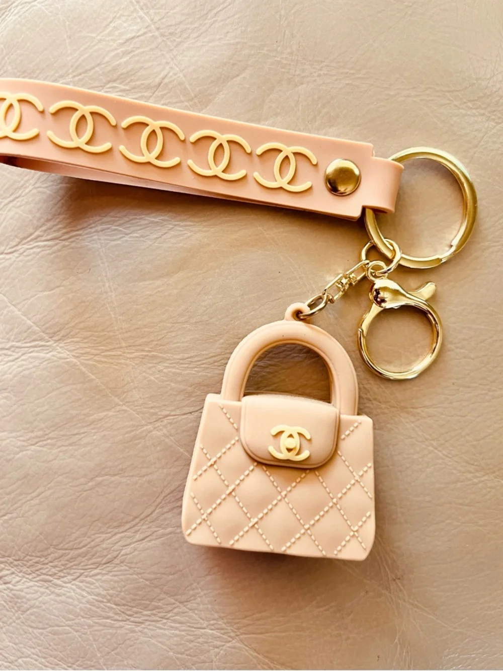 Tan Quilted Mini Bag CC Logo Keyring with Gold Hardware. NEW